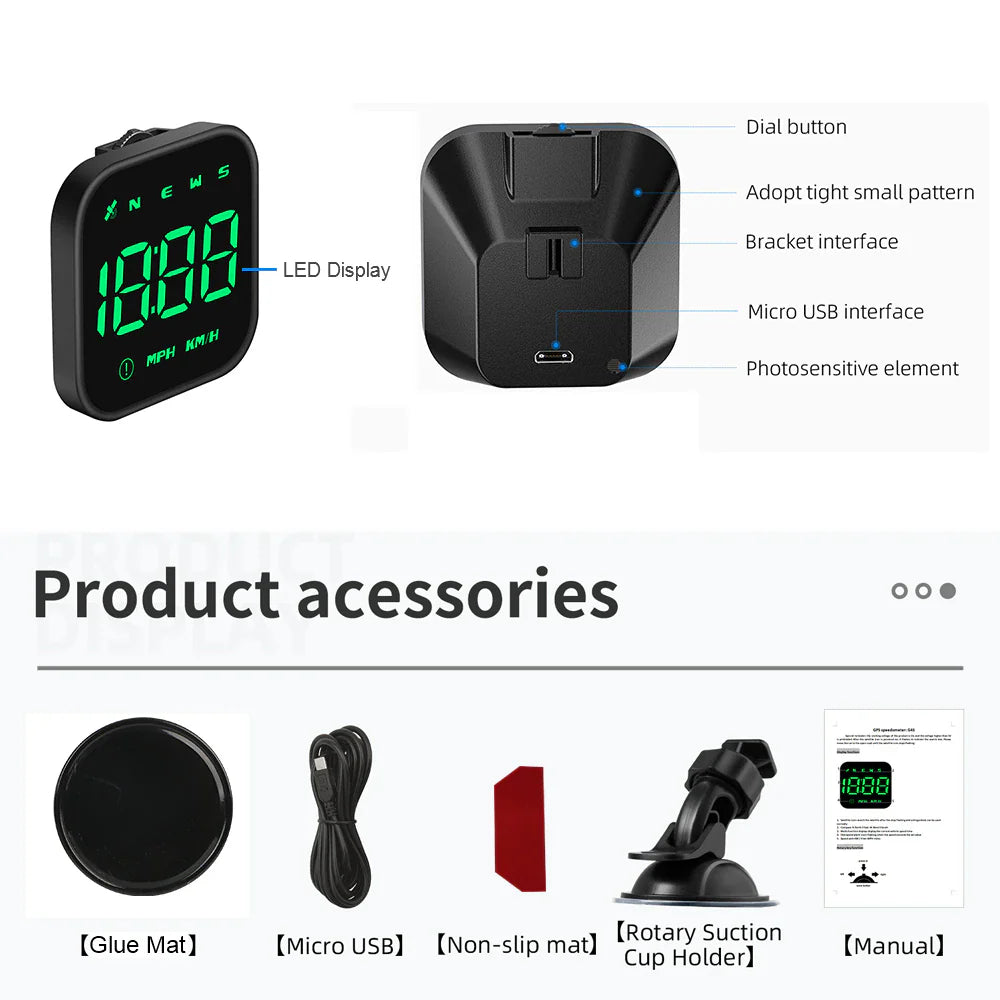 Digital Car HUD GPS Speedometer Head up Display MPH KMH Compass Overspeed Alarm