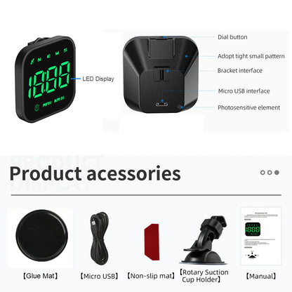 Digital Car HUD GPS Speedometer Head up Display MPH KMH Compass Overspeed Alarm