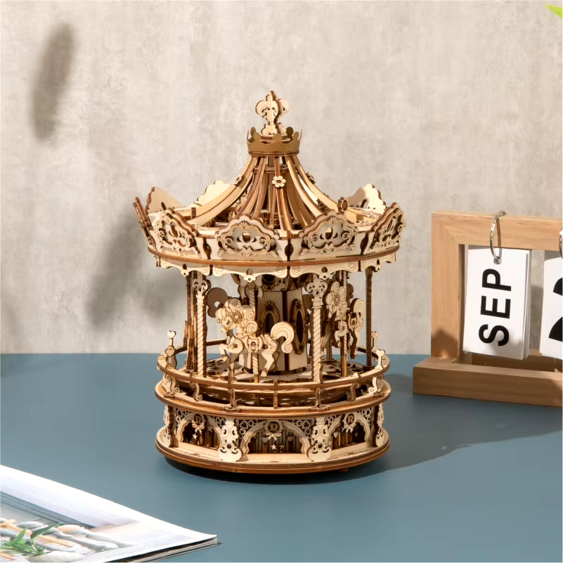 Robotime 3D Wooden Puzzle - 336-Piece Rotatable DIY Romantic Carousel Music Box Assembly Toy for Children and Adults (AMK62)