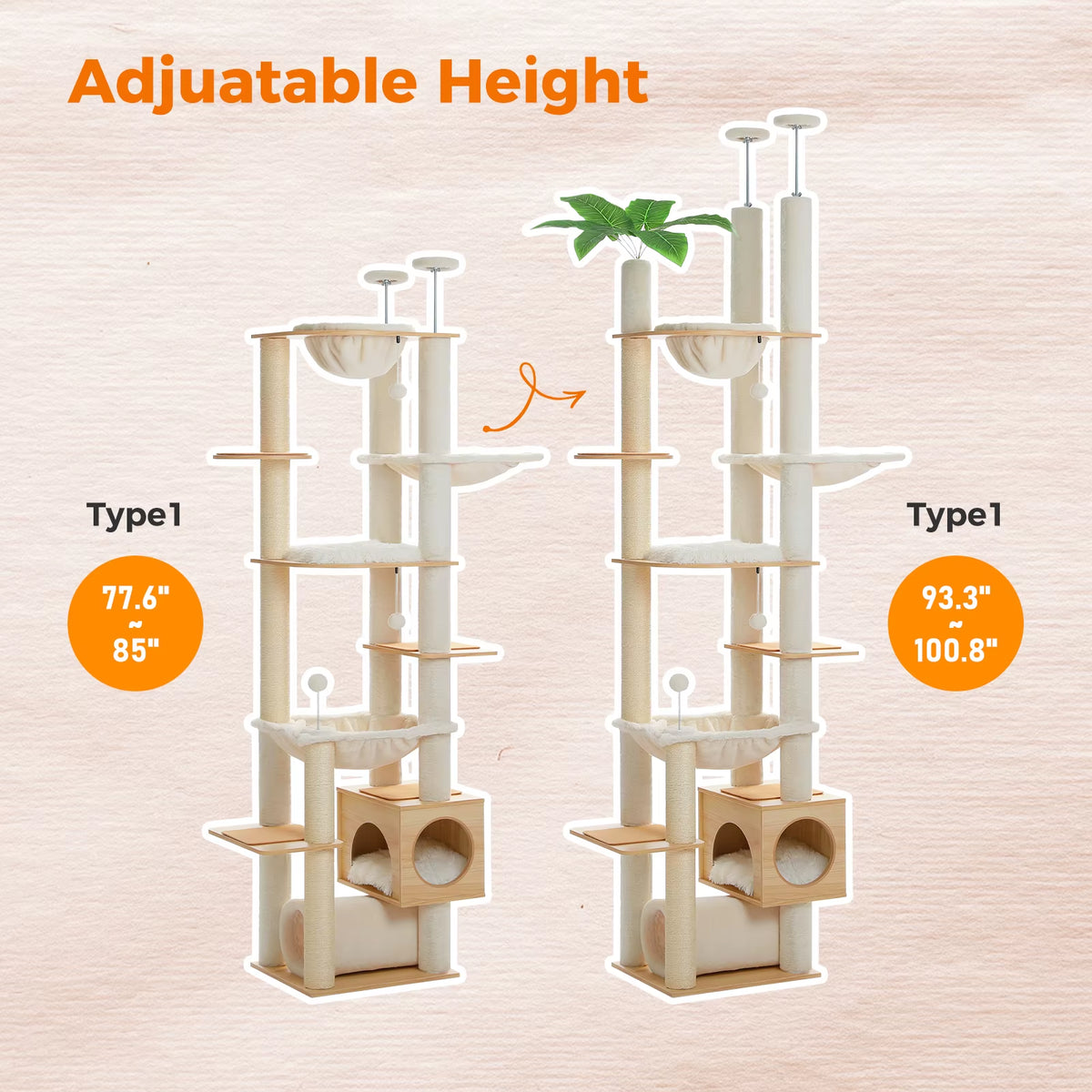 Height Adjustable Wooden Cat Tower with Spacious Hammock and Sisal Scratching Posts - Floor to Ceiling Indoor Cat Condo
