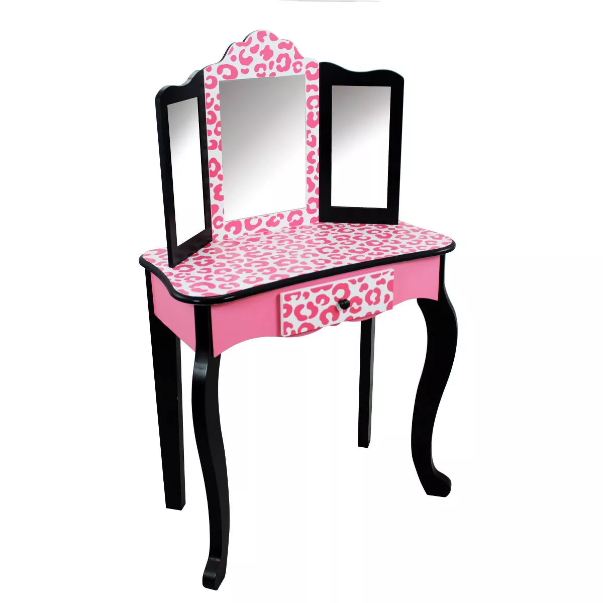 Teamson Kids 2Pc Leopard Prints Kids' Wooden Play Vanity Set Black/Pink: Makeup Vanity for Little Girls with Stool