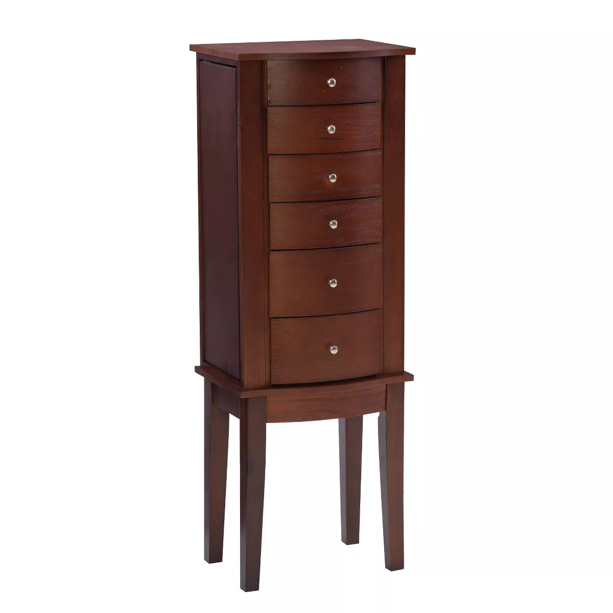 Traditional Wood Jewelry Armoire with 6 Lined Drawers in Merlot Brown