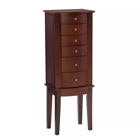 Traditional Wood Jewelry Armoire with 6 Lined Drawers in Merlot Brown