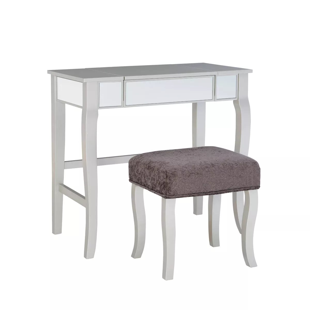 Harper Glam Flip-Up Mirror Wood Vanity and Gray Upholstered Stool Mirror and Silver