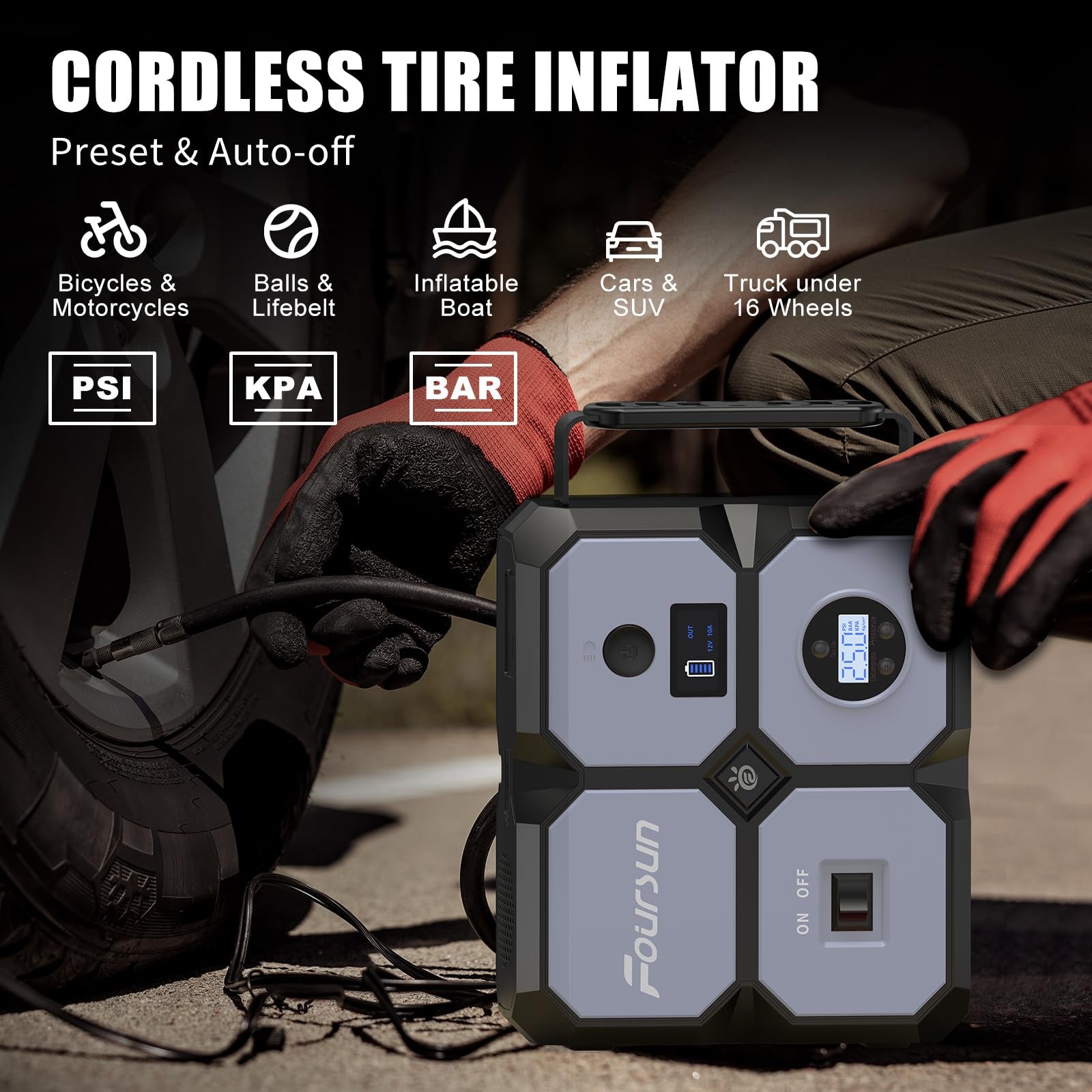 Foursun Car Jump Starter with Air Compressor, Foursun 4000A 26800Mah Jump Starter Battery Pack (All Gas/8.0L Diesel) 150PSI Digital Tire Inflator, 12V Car Lithium Battery Jump Box Pack Power Charger