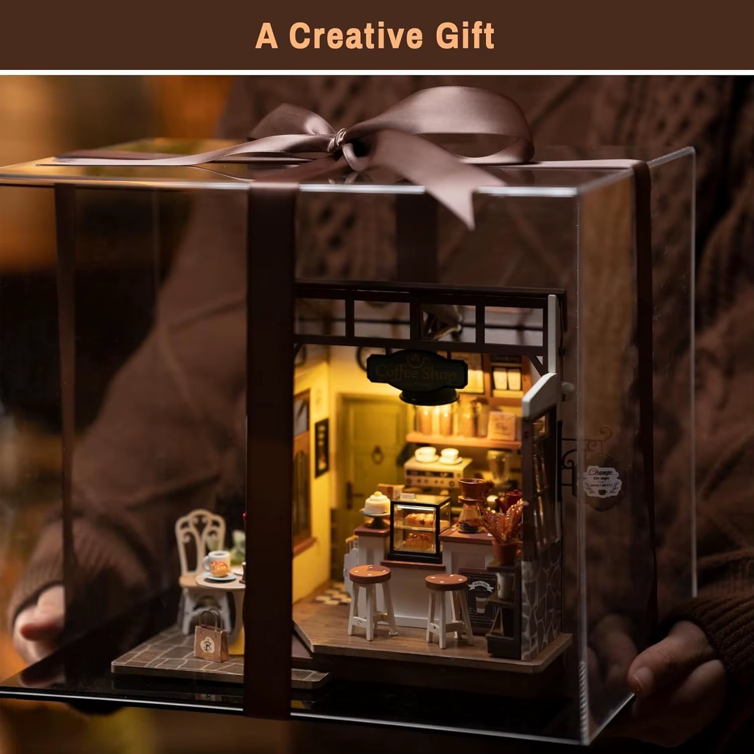 Robotime DIY Wooden Dollhouse Set NO.17 Coffee Model Building Set with Accessories and LED Model Kit for Adult and Children