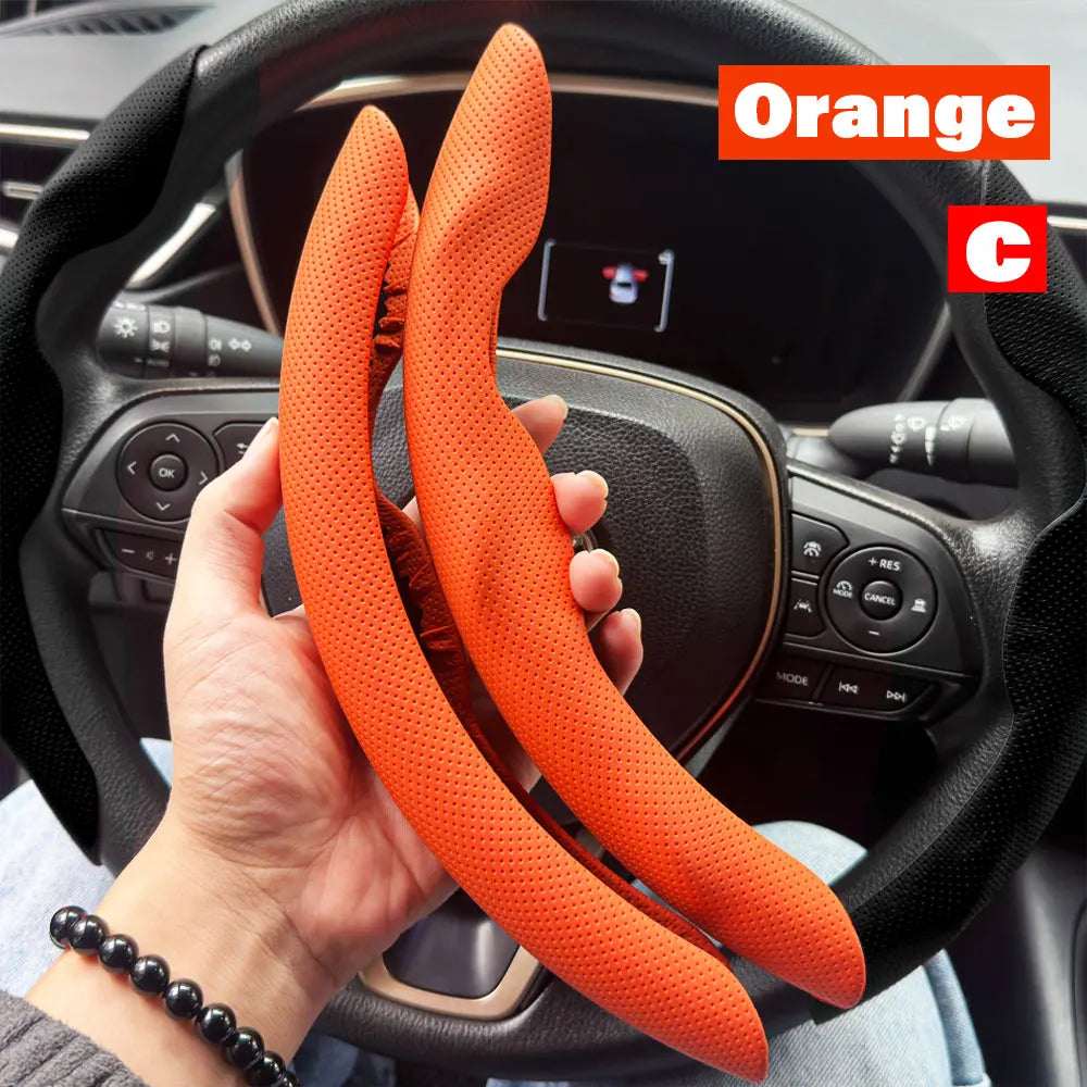 Universal D-Shaped Leather Steering Wheel Cover with Ventilation Holes - 15 Inch, Sweat-Absorbent and Anti-Slip Accessory