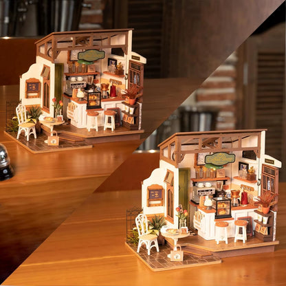 Robotime DIY Wooden Dollhouse Set NO.17 Coffee Model Building Set with Accessories and LED Model Kit for Adult and Children