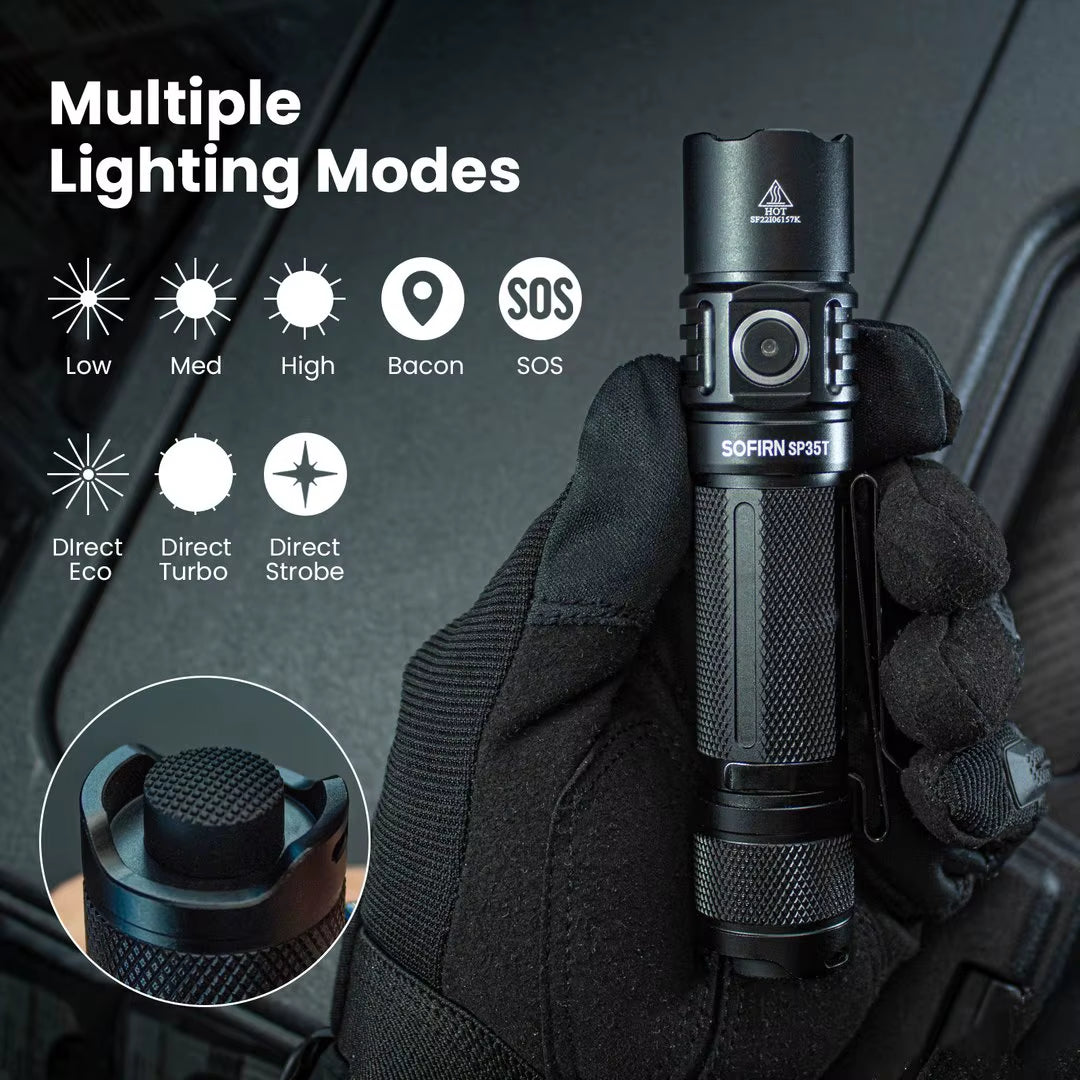 SP35T 3800Lm Tactical 21700 Flashlight Powerful LED Light USB C Rechargeable Torch with Dual Switch Power Indicator ATR