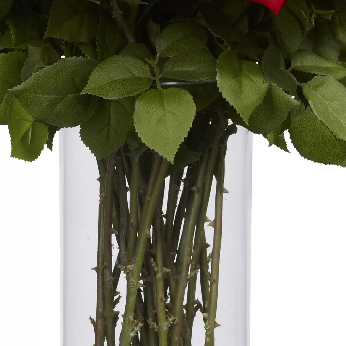 Giant Silk Rose Flower Arrangement: Realistic Red Roses with Greenery in Glass Vase