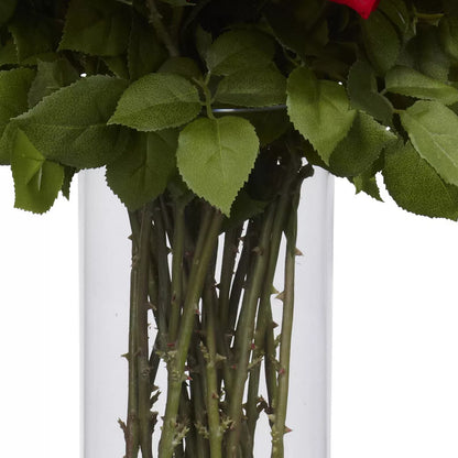 Giant Silk Rose Flower Arrangement: Realistic Red Roses with Greenery in Glass Vase