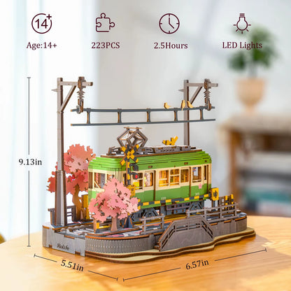 Rolife Wooden 3D Puzzle Sakura Journey Tram DIY Model Kit with LED for Home Decor and Gift for Adults and Families