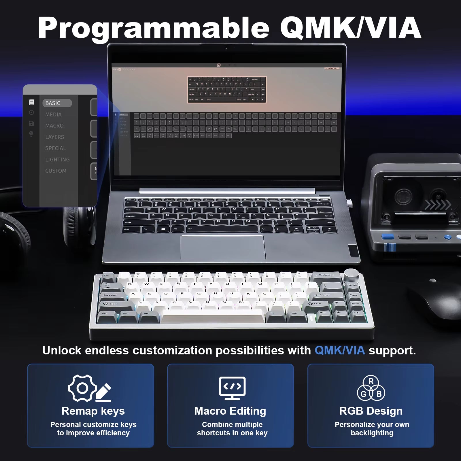 YUNZII AL68 Silver Wireless Custom Mechanical Keyboard, QMK/VIA Aluminum Keyboard, Hot Swap Gasket Gaming Keyboard with Knob