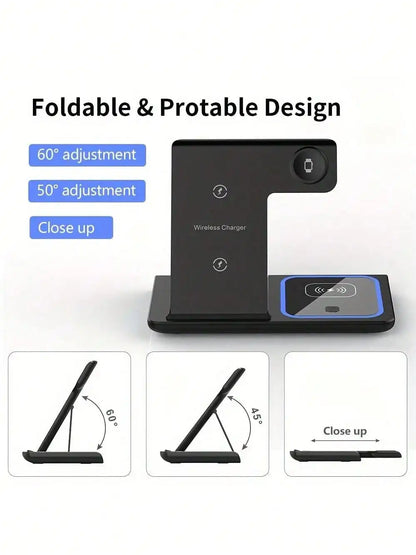 3-in-1 Wireless Charging Station with Mobile Phone Holder and LED Indicator for iPhone 17/16/15/14/13/12 Pro Max, Apple Watch Series 10/9/8/7/6/5, and AirPods 3/2 - Fast Charging Dock