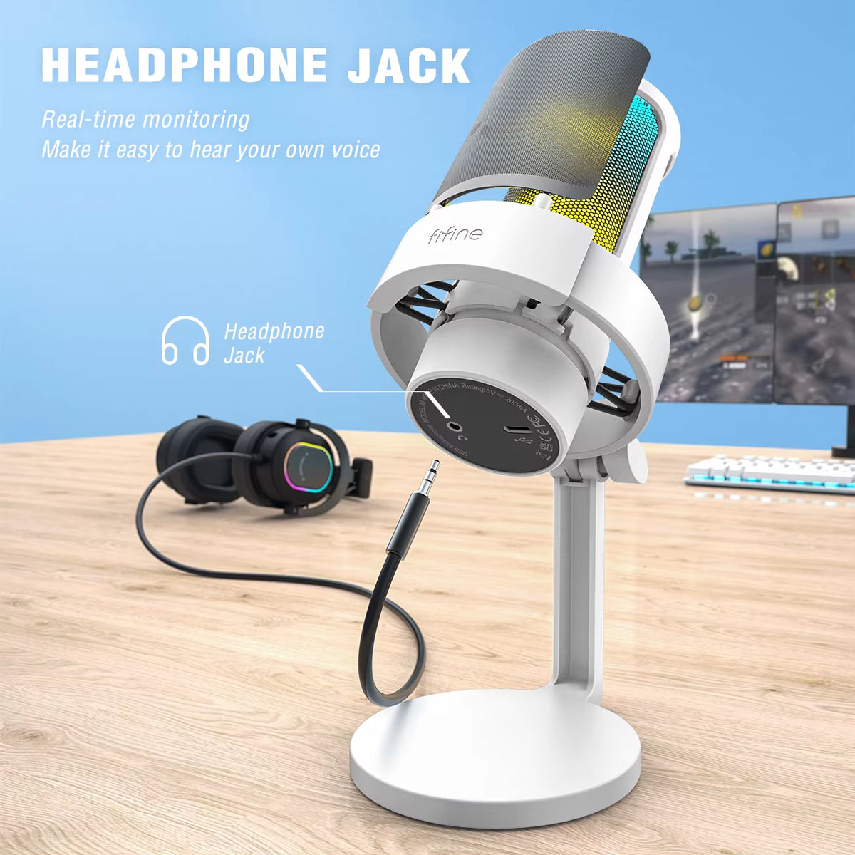 FIFINE A8 USB Microphone for Professional Recording and Streaming on PC and Mac with Headphone Output, Touch-Mute Button, and 3 RGB Lighting Modes