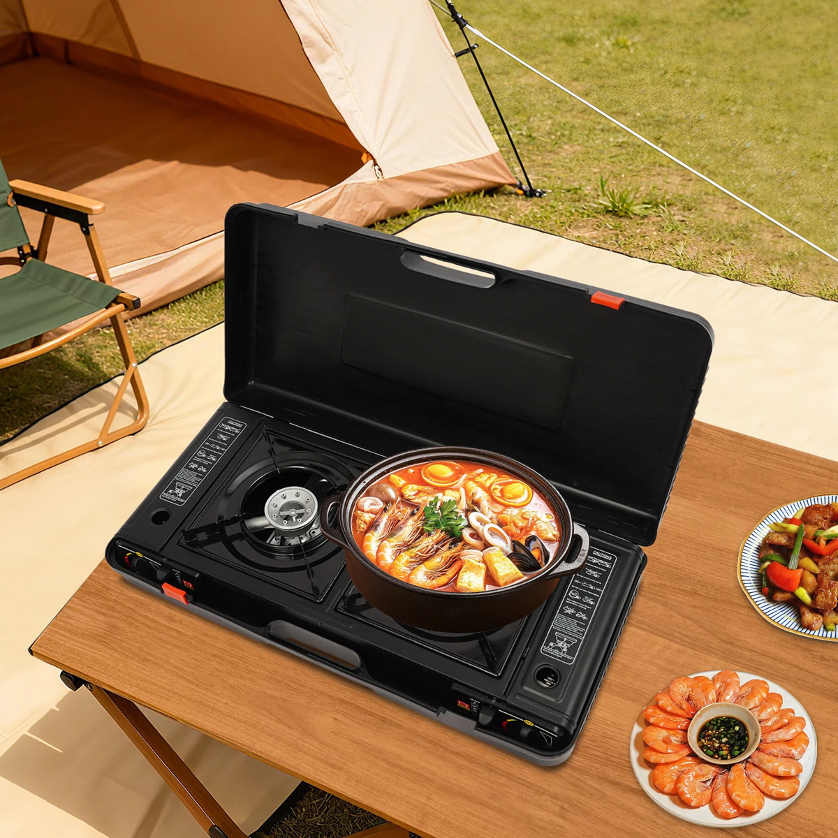 Portable Dual Burner Gas Stove with Piezo Ignition and Carrying Case - 2x2500W High Power LPG/Butane for Camping, Picnics, and Parties