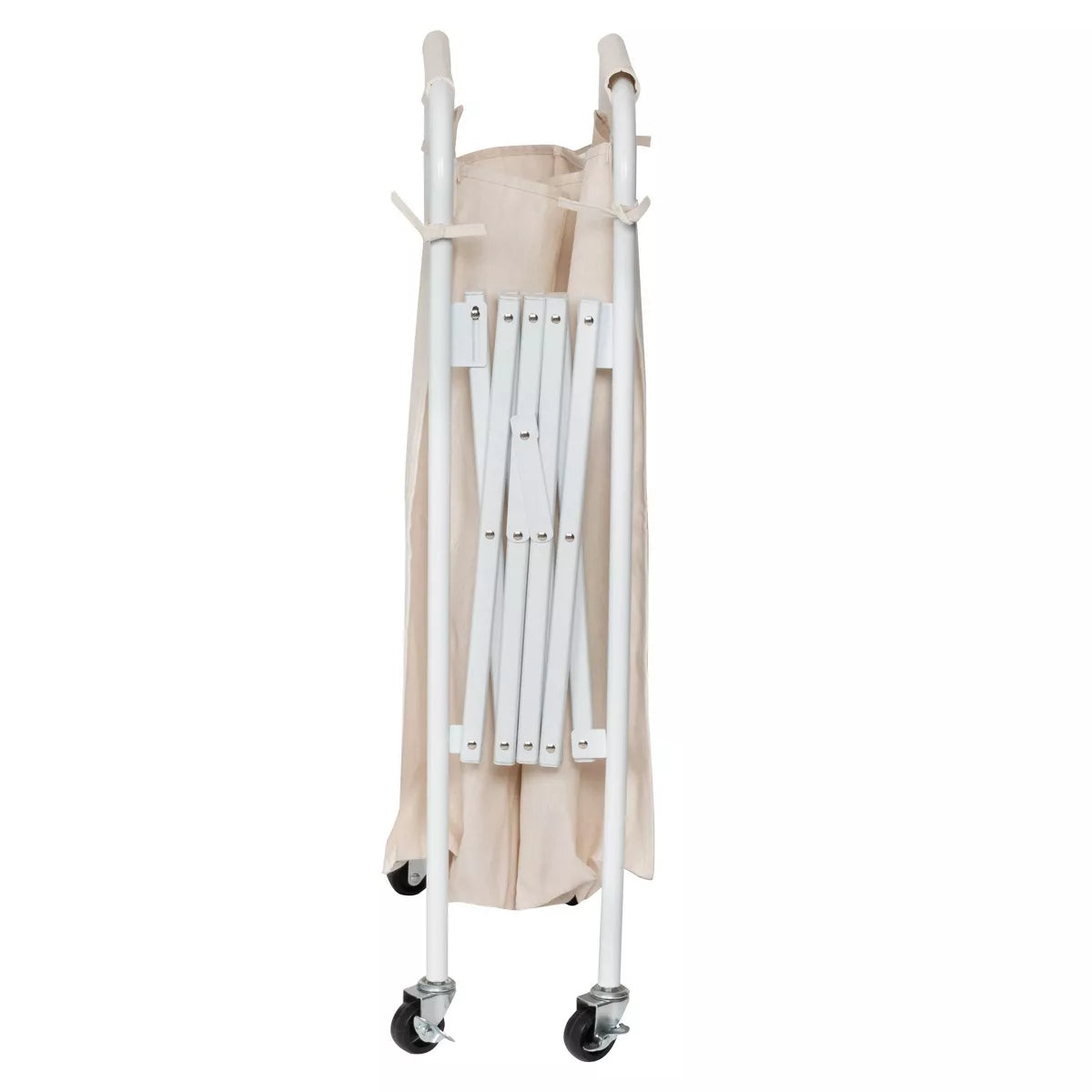 Accordion Triple Sorter - White Steel Rolling Laundry Hamper with Wheels, Collapsible Open-Top Design