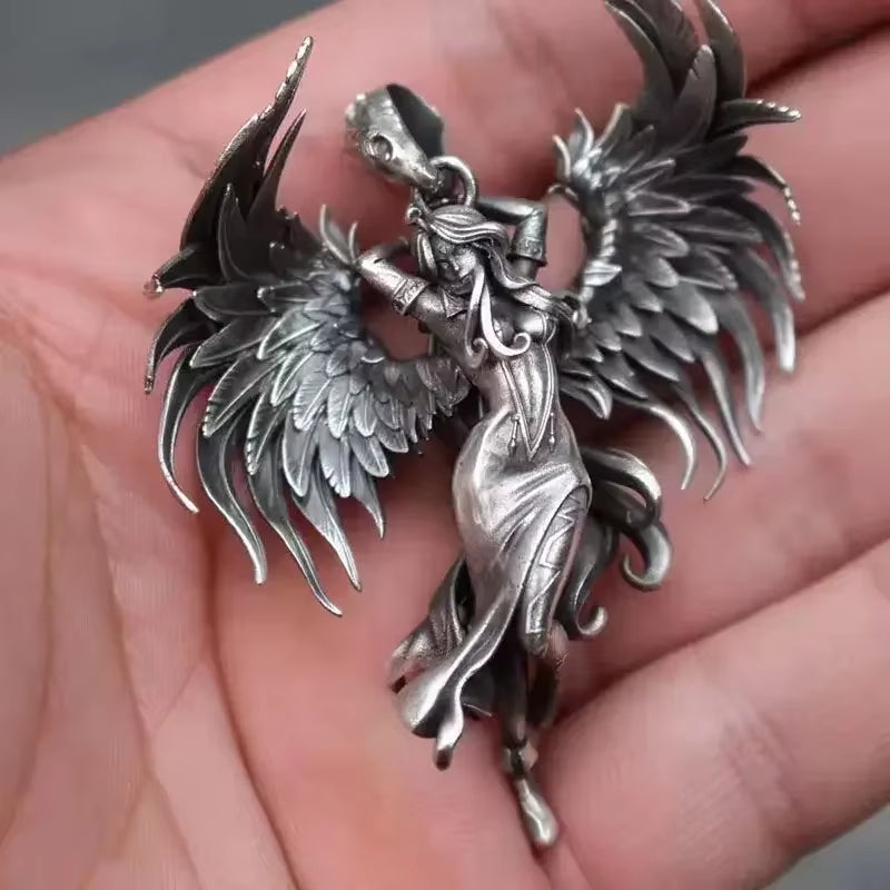 Vintage Silver Angel Wings Pendant Necklace for Men and Women - Statement Punk Street Style Stainless Steel Chain Jewelry