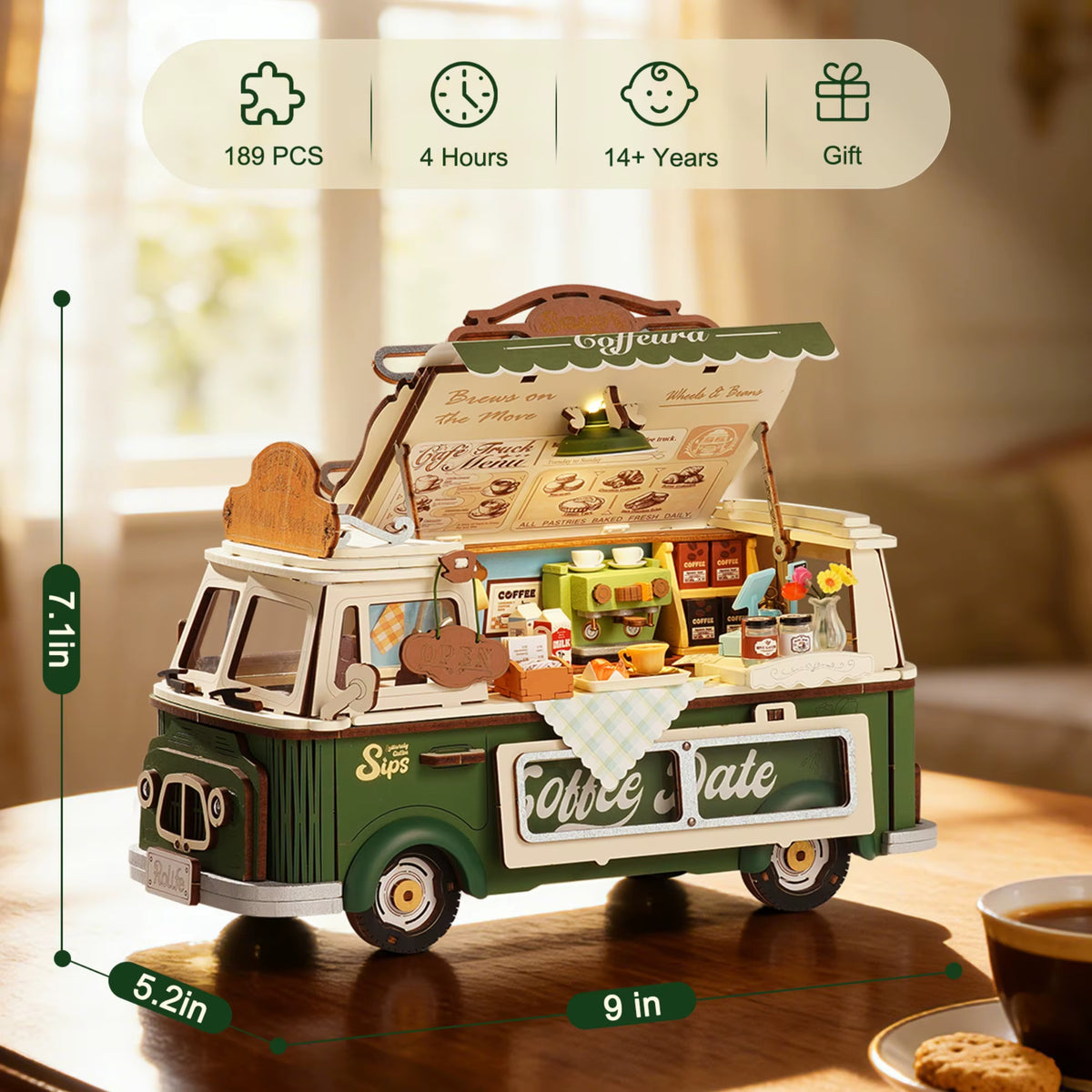 Rolife Wooden 3D Puzzle Leo's Coffee Truck Model Building Kit - DIY Miniature Dollhouse for Home Décor and Gift for Adults and Teens