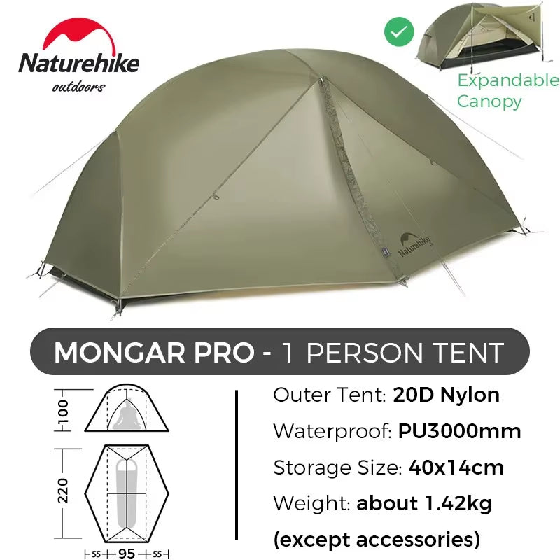 Naturehike Mongar PRO Ultralight Waterproof Tent for 1-3 Persons - 20D Nylon Camping and Backpacking Solution