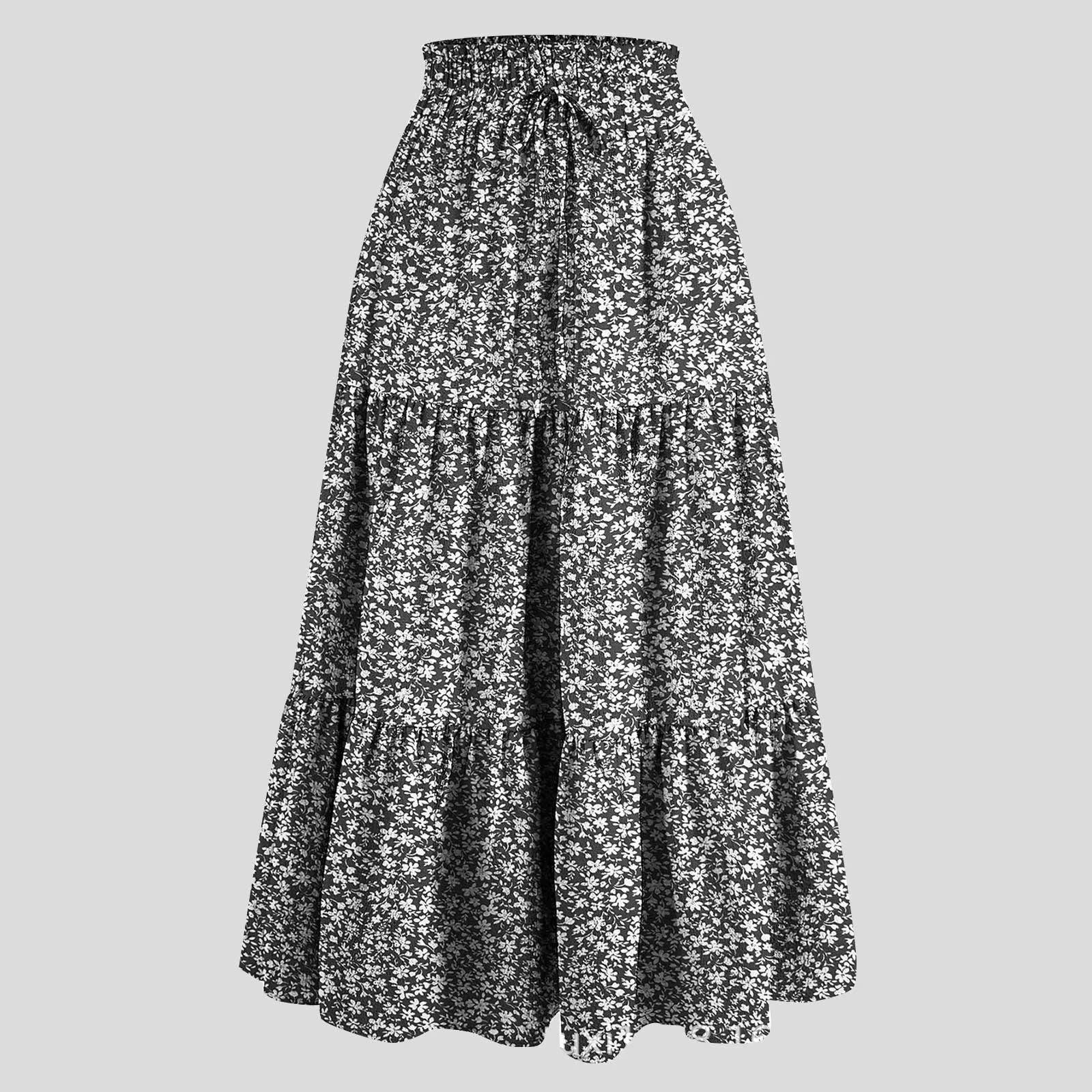 Women'S Boho Floral Print Skirt Vintage High Waist Maxi Skirts Summer Casual Loose Beach Skirt Elegant Ladies Flowy Ruffle Skirt