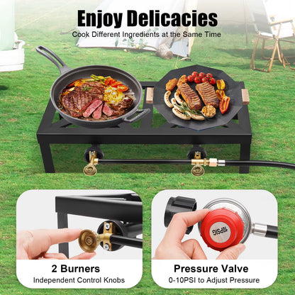8000W Portable Double Burner Outdoor Gas Stove Propane Cooker with Adjustable 0-10Psi Regulator Hose for Patio Camping, BBQ
