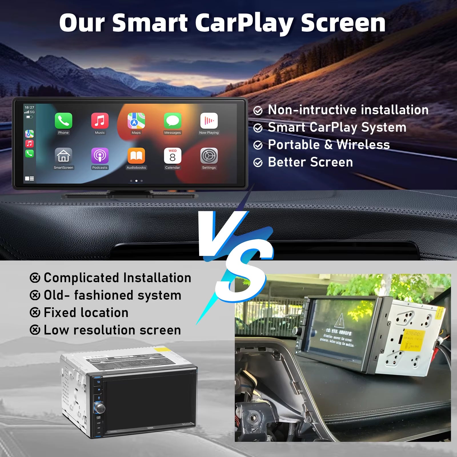 Portable Wireless Carplay Car Stereo, 10.26" Inch HD Touchscreen for Car with Carplay & Android Auto with Mirror Link/Backup Cam