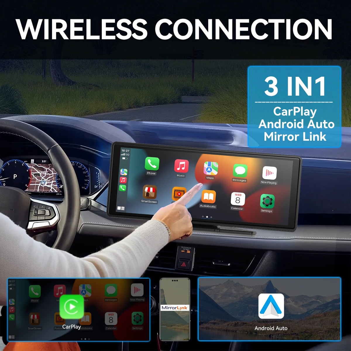 Pionray 10.26-Inch Portable 4K Dual Lens Car DVR with Wireless CarPlay, Android Auto, GPS Navigation, and WiFi FM Functionality