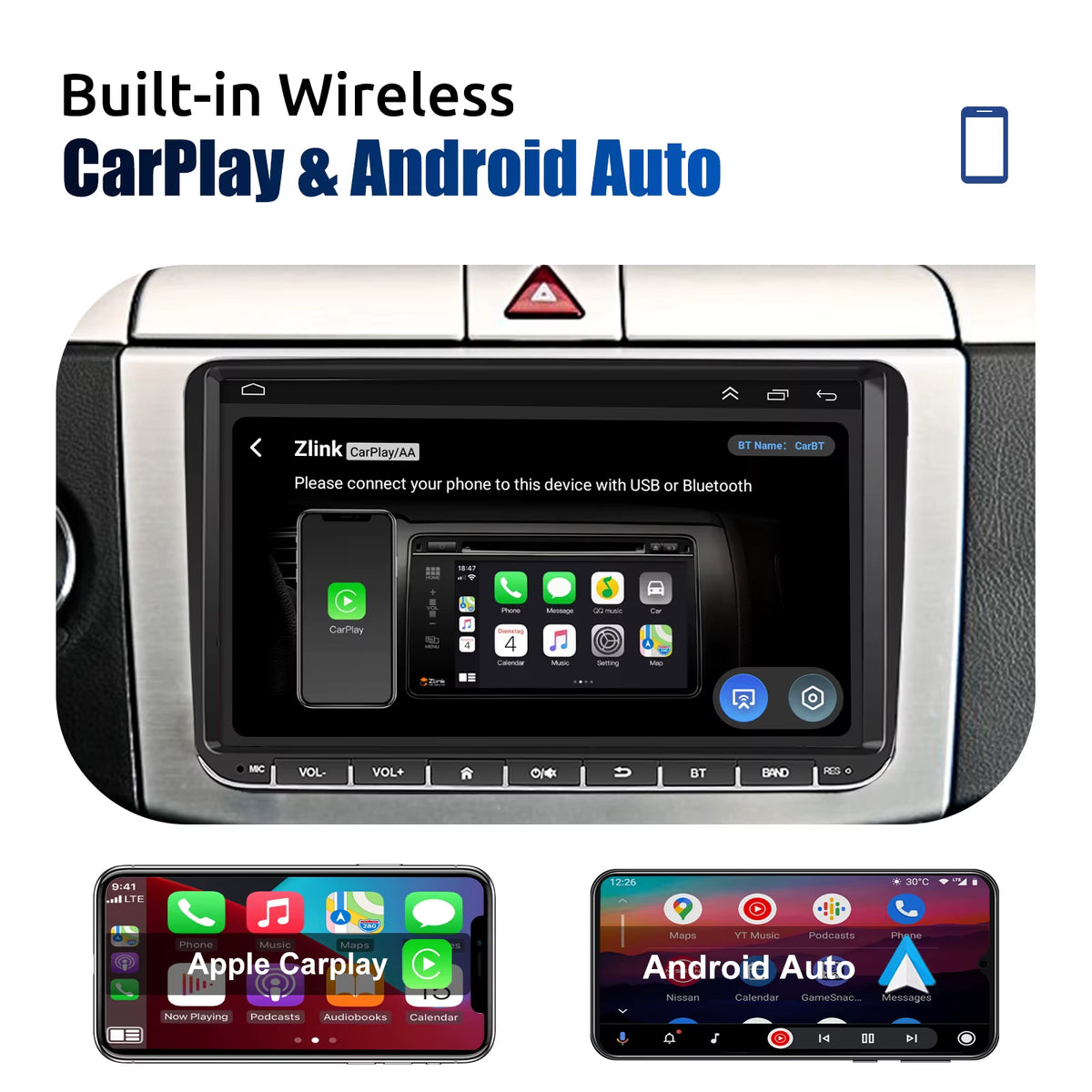 9-Inch Android 14 Car Stereo with 4G+64G, Wireless CarPlay, GPS Navigation, WiFi, RDS FM, Bluetooth, and Equalizer for VW Golf 5/6, Passat, Polo, Touran, Tiguan, Caddy, and EOS