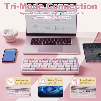 YUNZII B68 Wireless Mechanical Gaming Keyboard, Tri-Mode Hot Swappable Cute Gasket Mounted Creamy Keyboard for Win/Mac,