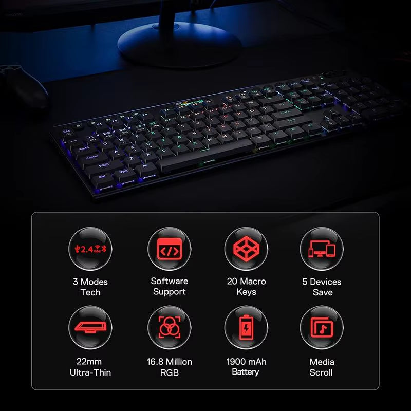 Redragon K618 Horus Wireless RGB Mechanical Keyboard, Bluetooth/2.4Ghz/Wired Tri-Mode Low Profile Gaming Keyboards