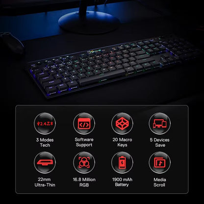 Redragon K618 Horus Wireless RGB Mechanical Keyboard, Bluetooth/2.4Ghz/Wired Tri-Mode Low Profile Gaming Keyboards