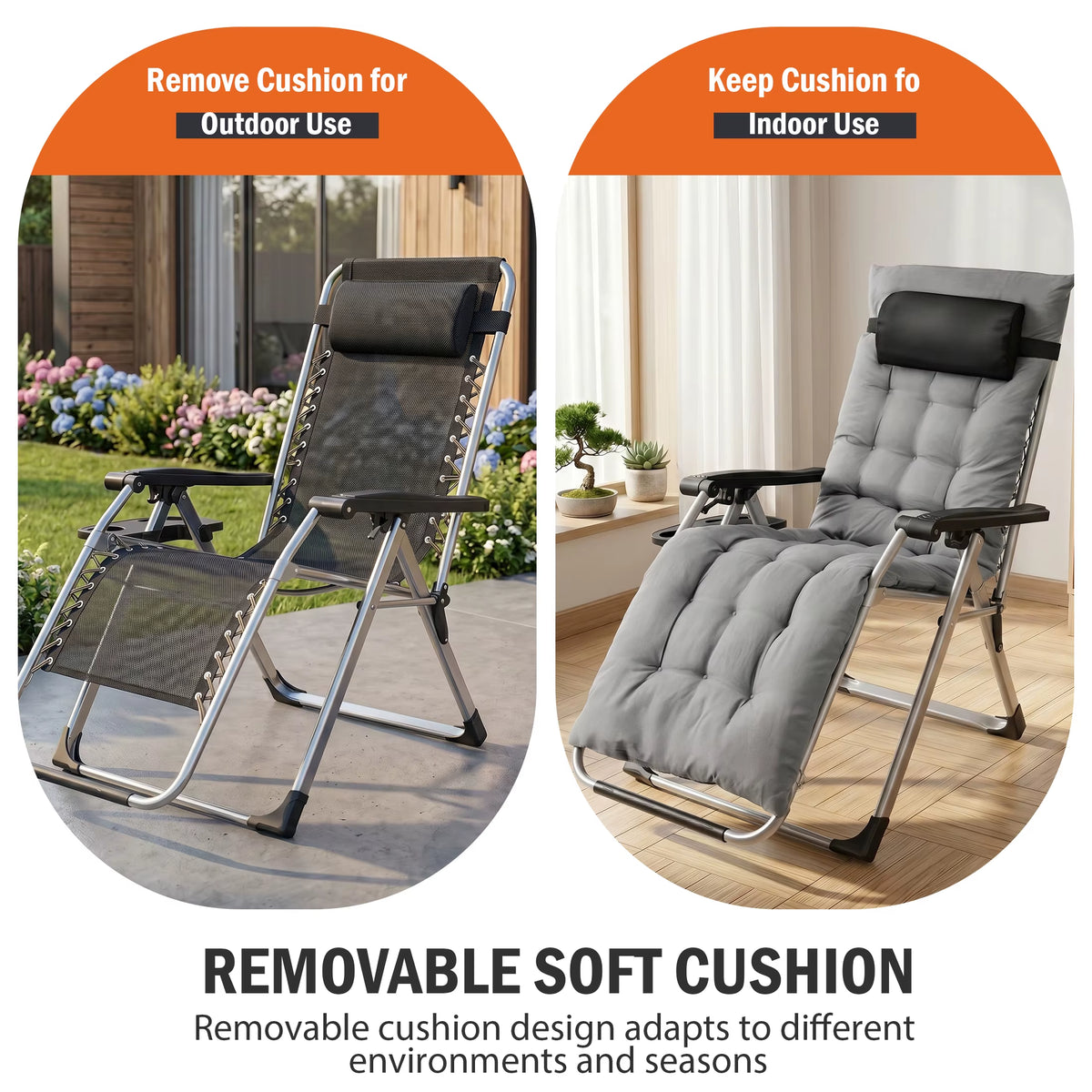 JHK Zero Gravity Reclining Lounge Chair with Soft Cushion and Cup Holder Trays for Outdoor and Indoor Use