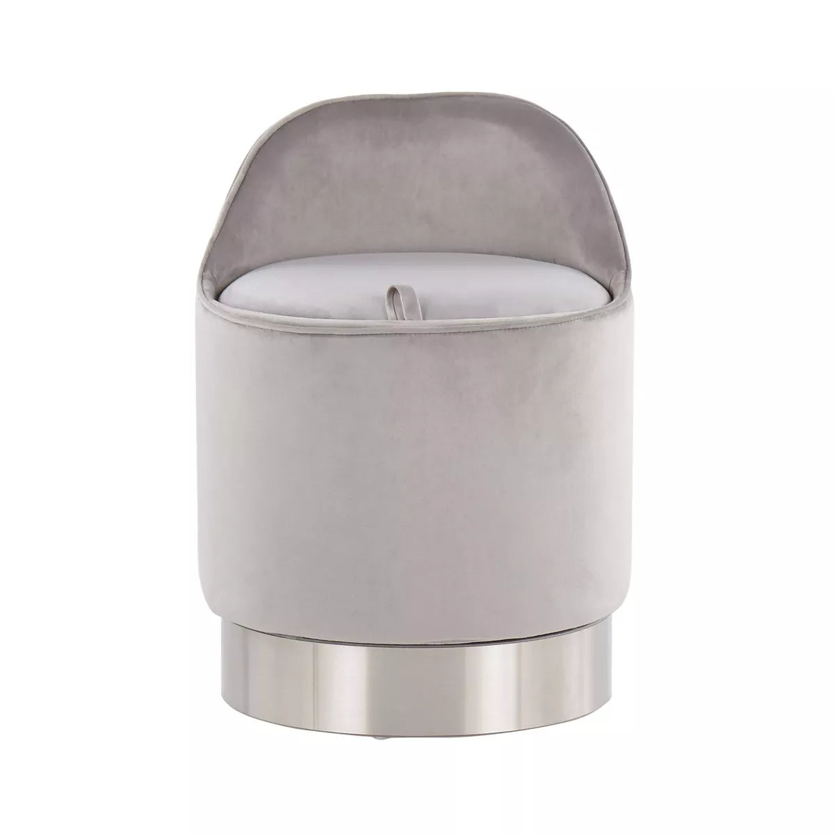 Glam Vanity Stool Steel/Velvet Chrome/Silver: Round, Swivel, Mid-Century Modern Ottoman with Storage