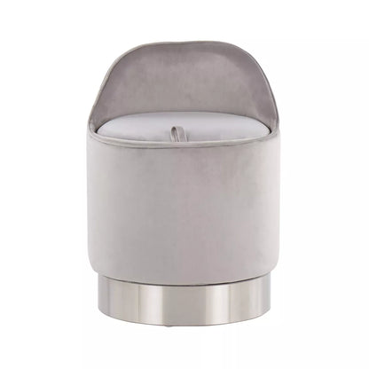 Glam Vanity Stool Steel/Velvet Chrome/Silver: Round, Swivel, Mid-Century Modern Ottoman with Storage