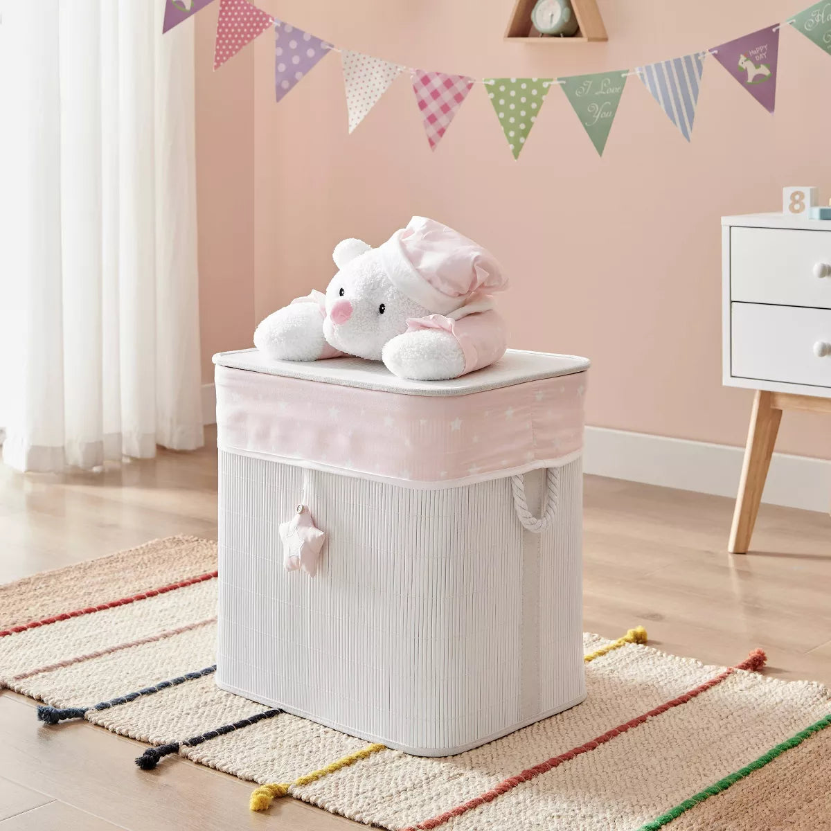 Bamboo Collapsible Laundry Hamper and Toy Storage for Kids with Handles in Pink and Cream Teddy Bear Design