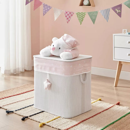 Bamboo Collapsible Laundry Hamper and Toy Storage for Kids with Handles in Pink and Cream Teddy Bear Design