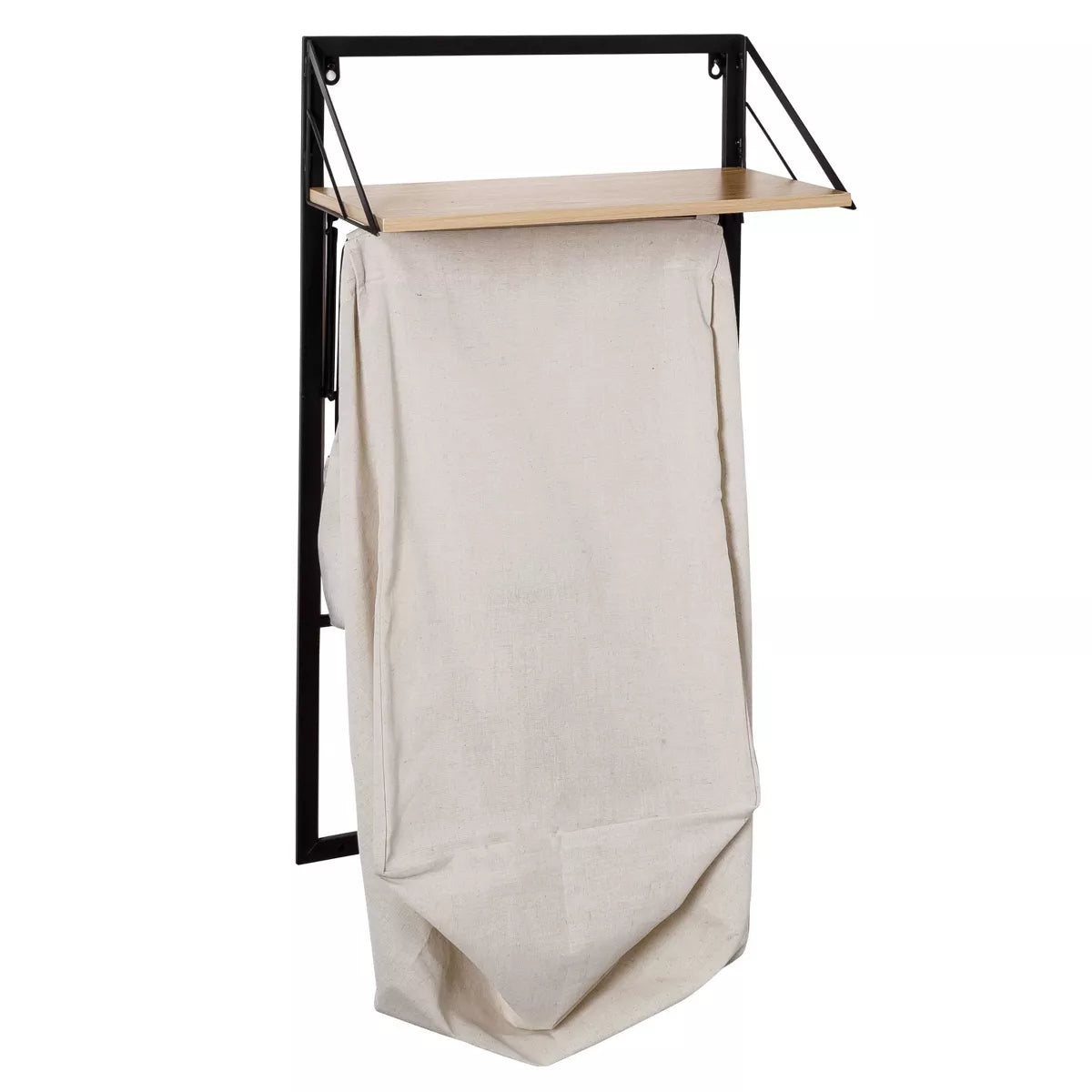 Laundry Shelf + Hamper Combo with Wood Light Oak: Wall Mounted Hanging Clothes Hamper, Collapsible Sorter