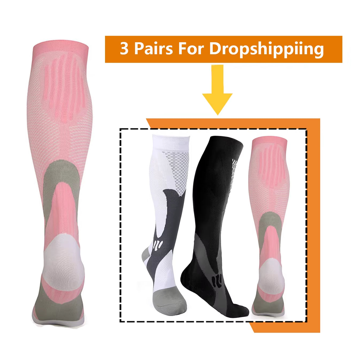 Brothock Athletic Compression Socks - 20-30 mmHg - 3 Pairs for Dropshipping - Nylon Medical Nursing Stockings
