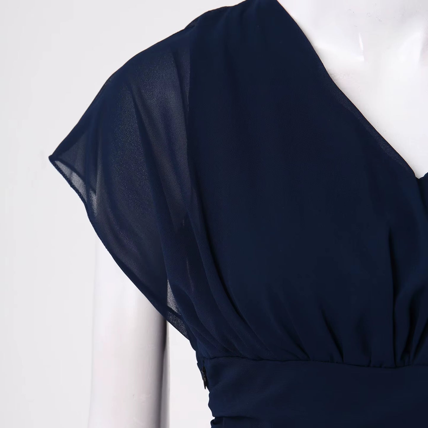 Womens Dresses Wedding Party Bridesmaid Elegant V Neck Chiffon Dress Slim High Waist Flutter Sheer Mesh Sleeve Long Dresses