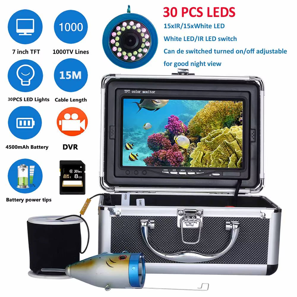 Fish Finder Underwater Fishing Camera Double Lamp 30Leds 7Inch 15M  IP68 Waterproof for Ice/Sea/River Fishing Fishfinder