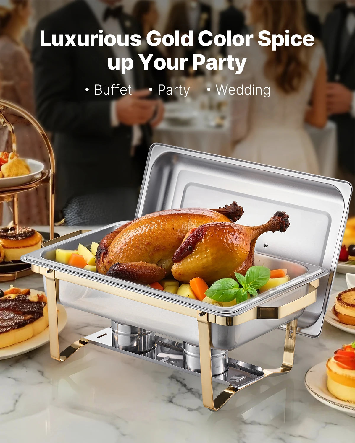 Succebuy 8 Qt Stainless Steel Chafing Dish Buffet Set - 4 Pack with 2 Full Size and 4 Half Size Pans for Catering and Serving