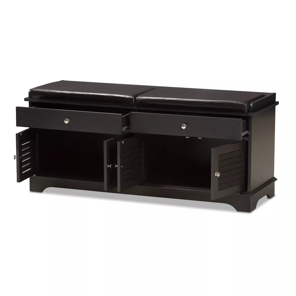 Leo Modern Contemporary Wood Shoe Storage Bench with Upholstered Seat and Ventilated Cabinet in Dark Brown - Baxton Studio