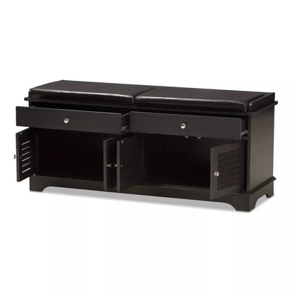 Leo Modern Contemporary Wood Shoe Storage Bench with Upholstered Seat and Ventilated Cabinet in Dark Brown - Baxton Studio