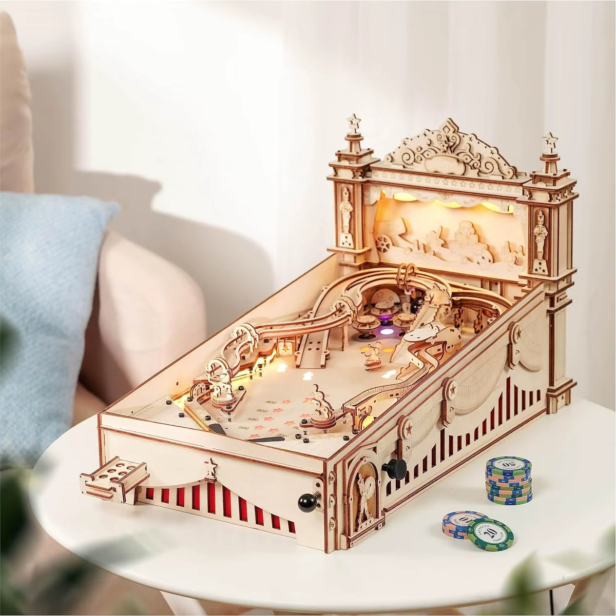 Robotime 3D Pinball Machine Puzzle - Engaging Mechanical Wooden Model Building Kit for Adults and Teens Aged 14+