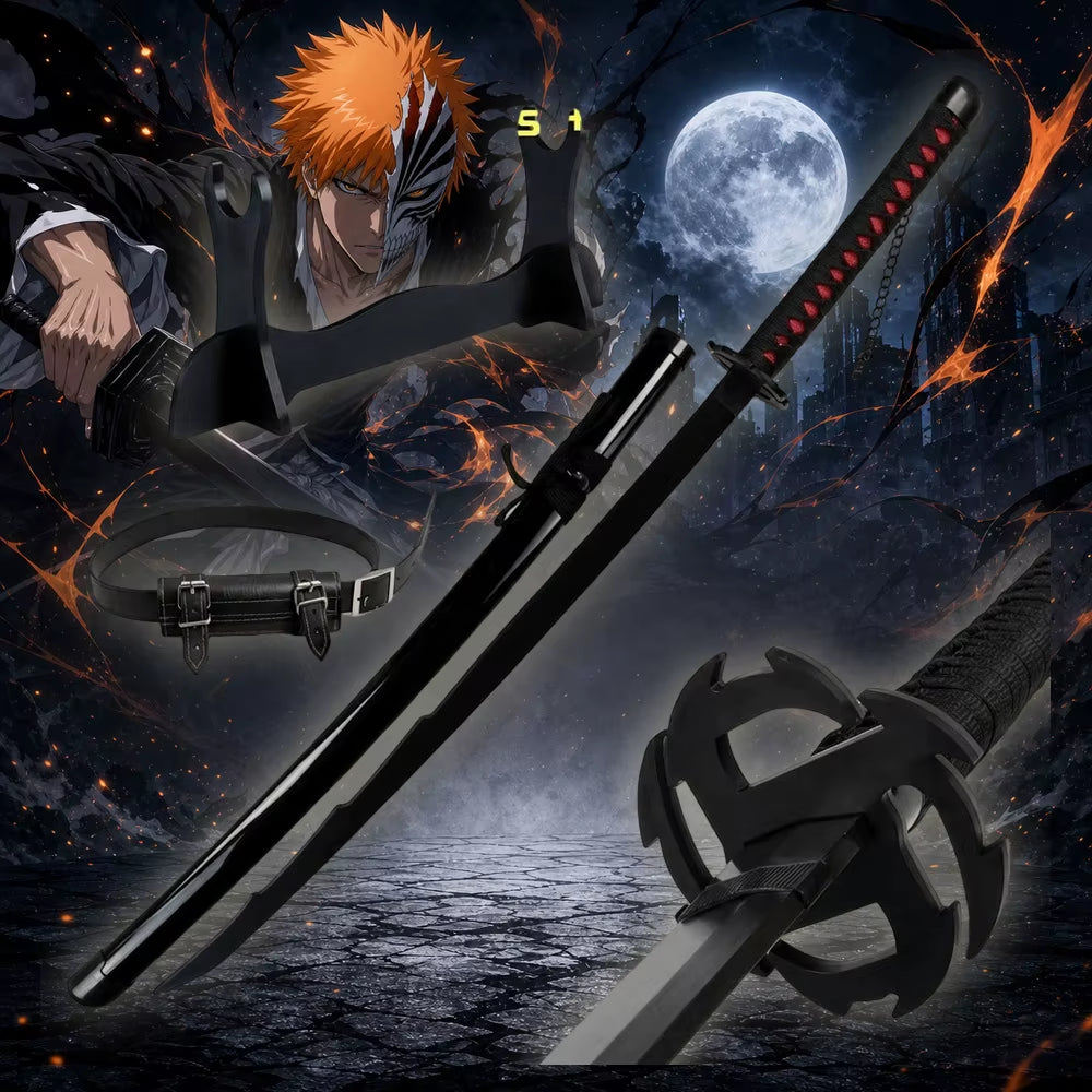 40-Inch Ichigo Kurosaki Tensa Zangetsu Katana Sword - Black Blade Anime Cosplay Prop with Wooden Bamboo Stand and Belt Holster - Full Size Japanese Wooden Sword for Display and Collection