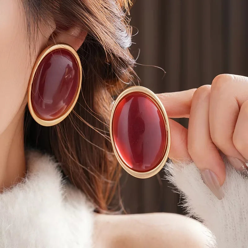 Luxury Vintage Red Resin Geometric Oval Stud Earrings for Women - Ideal for Parties and Weddings - Wholesale Available
