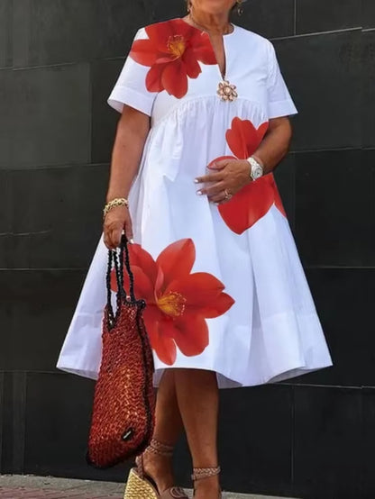 Women Midi Shirts Dress Summer New Dress 2025 V-Neck Pleated Short Sleeves White Loose Casual Flower Print A-Line Dresses