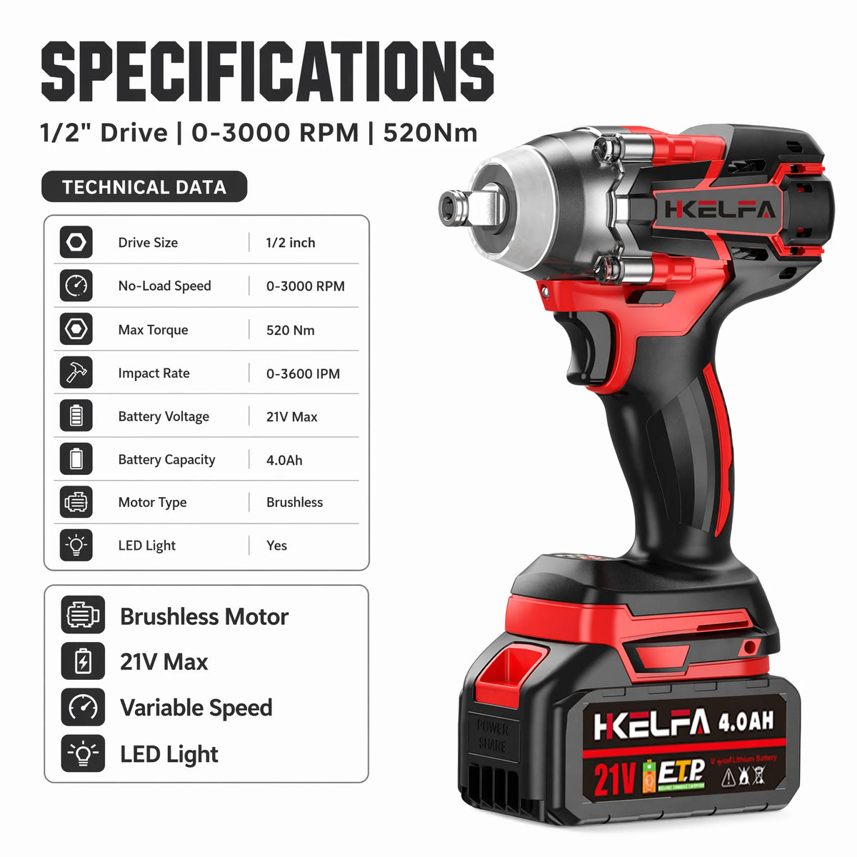 520N·m Brushless Electric Impact Wrench - 1/2" Cordless Tool Compatible with Makita 18V Battery