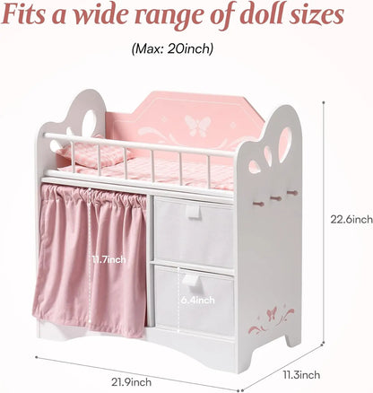 Robotime Wooden Baby Doll Crib with Storage and Bedding, Fits Dolls up to 21", Suitable for Girls 3+, Pink